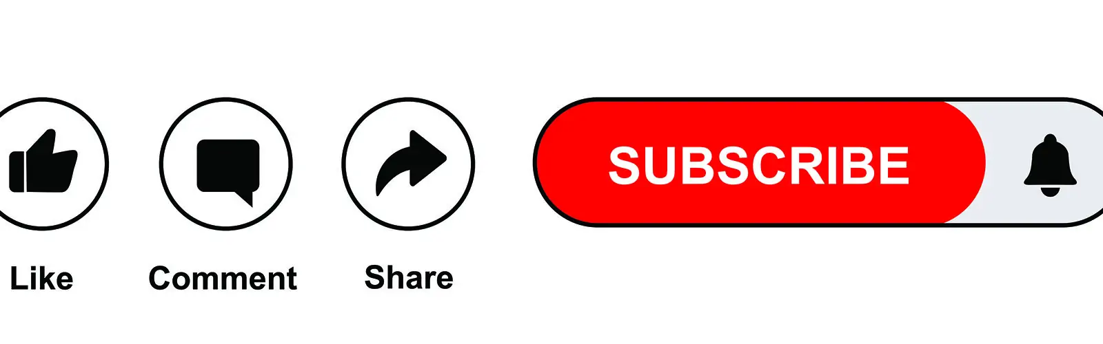A row of four icons for a YouTube Channel: a thumbs up labeled "Like," a speech bubble labeled "Comment," a curved arrow labeled "Share," and a bold red "SUBSCRIBE" button with a bell on the right—all set on a clean white background.